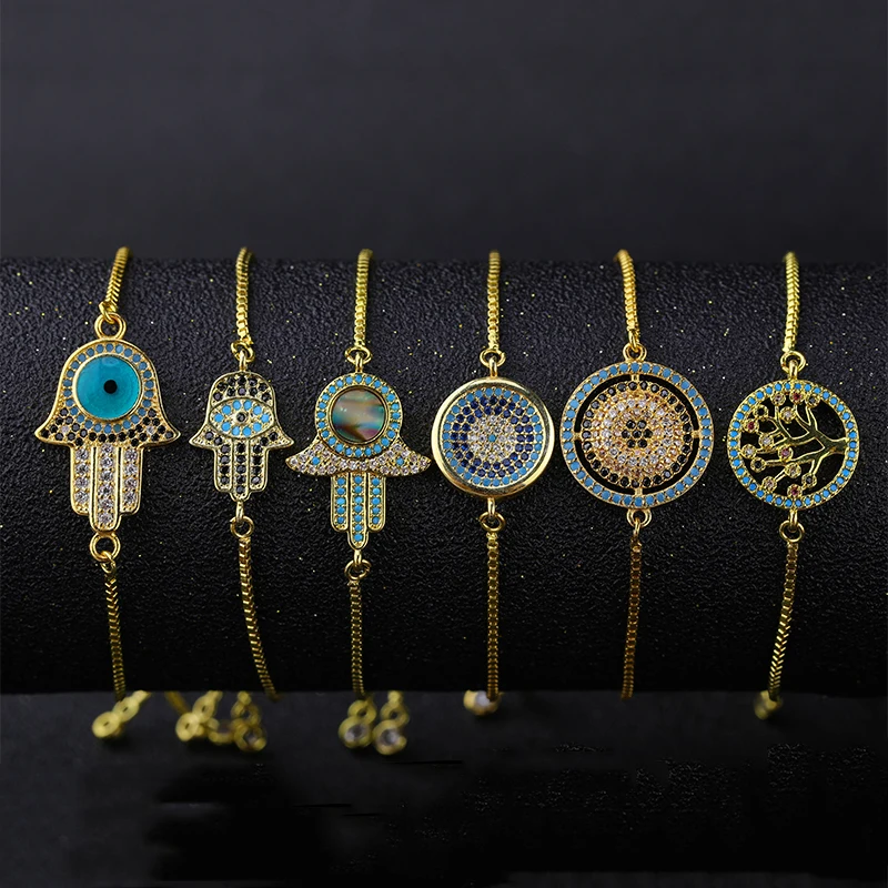 Juya Хамса Браслеты микро проложить Циркон регулируемые веревки цепи браслеты «Фатима» подходят для женщин мужчин турецкий подарок ювелирные изделия