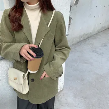 

WICCON Thicken Women OL Loose Chic 2020 Casual Vintage Hot Autumn Feminine Corduroy Stylish OL All Match Lady Blazers Button