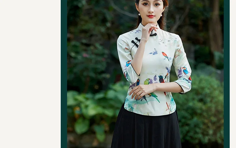 New Medium sleeve Printing cheongsam shirt antique fashion literary retro Tang Suit Tops women's clothing Daily Shirt