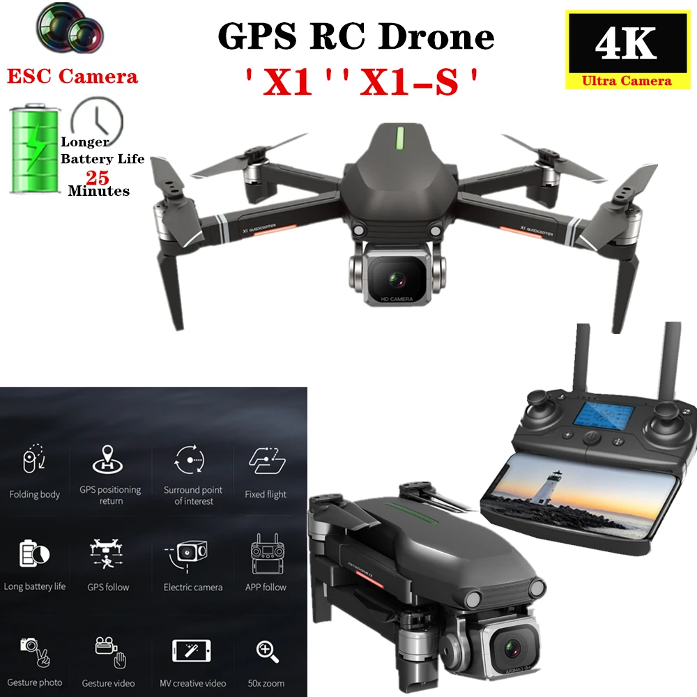 

RC Drone 4K X1-S PRO GPS 5G WiFi FPV HD ESC Camera Brushless Quadcopter 25mins Flight Time Helicopter VS F11 SG906