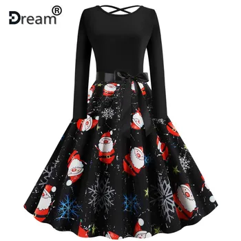 

2020 Women Elegant Vintage Print A-line Party Christmas Dress Plus Size Black Patchwork Long Sleeve Slim Casual Winter Dresses