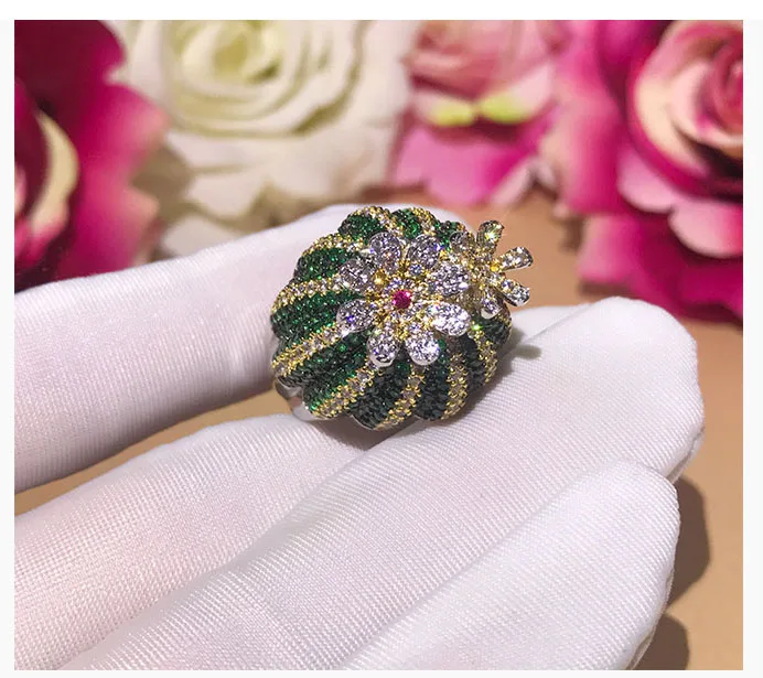 Новинка, фирменное Ювелирное кольцо, открывающееся, с зеленым цирконием, цветным цветком, КАКТУСОМ, открывающееся кольцо для женщин