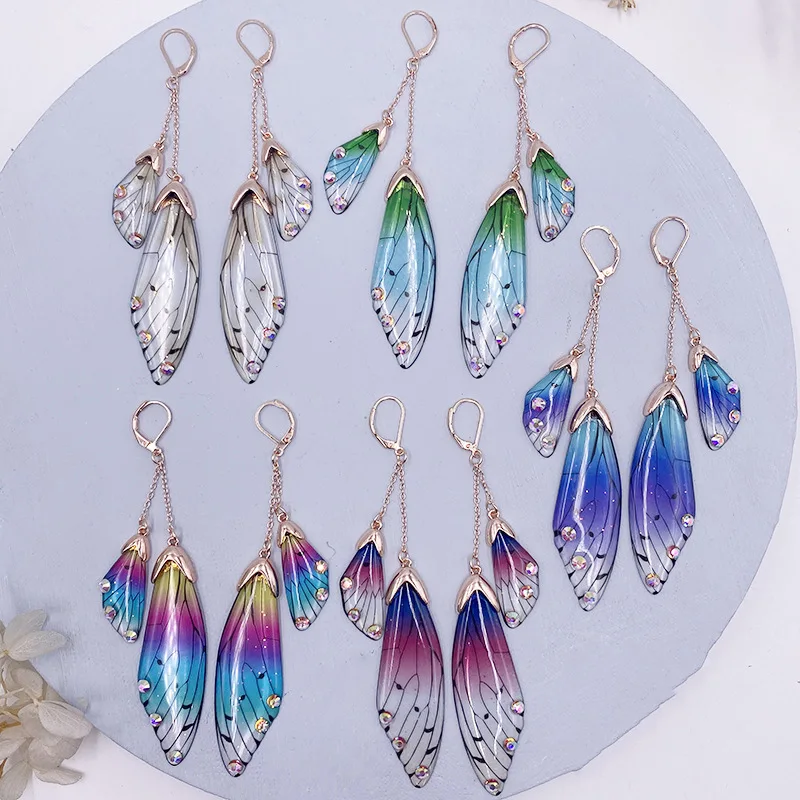 Fairy Resin Butterfly Earrings for Women Shining Crystal Flake Double Wing Long Drop Earrings Ladies Wedding Party Jewelry 2020