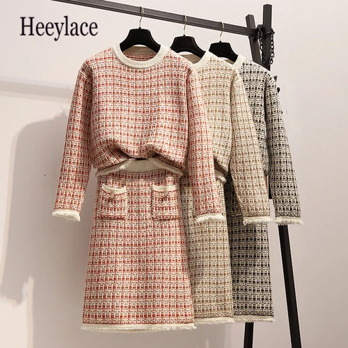 Осенний комплект размера плюс OL 2019 клетчатый вязаный пуловер свитер и юбка