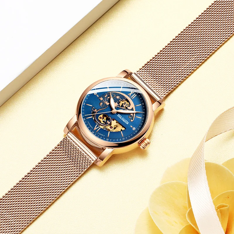 Новые золотые механические часы для женщин HAIQIN автоматические часы женские роскошные брендовые водонепроницаемые женские часы Relogio Feminino