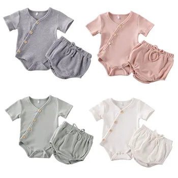 

Infant Toddler Baby Baby Girl Boy Summer Clothes Set Short Sleeve Bodysuit Tops & Shorts Solid Outfits Set 0-18Months