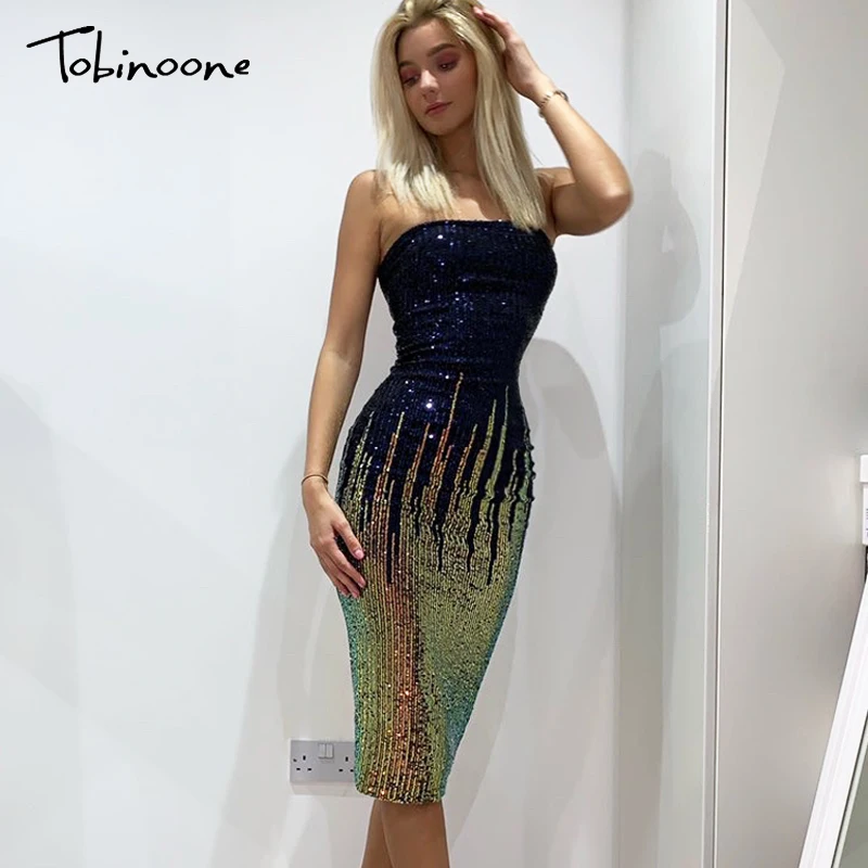 

Tobinoone Off Shoulder Party Dresses Sequined Bodycon Dress Women Sexy Backless Midi Dress Night Autumn Strapless Club Dress
