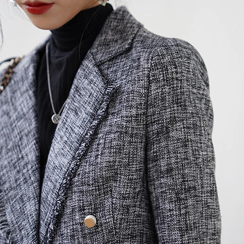 2020 Autumn Winter Vintage Plaid Tweed Blazers Jacket Women Korean Fashion Tassel Suit Coat Outwear Tops