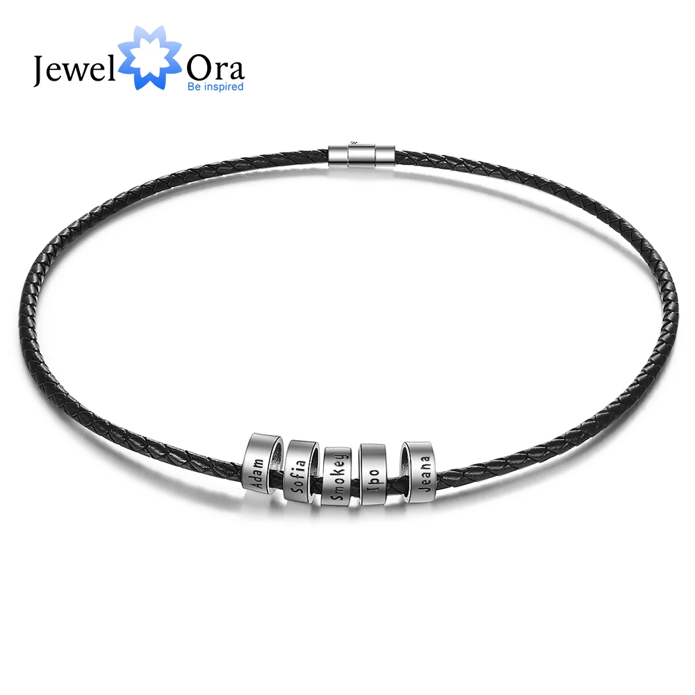 

JewelOra Personalized Men Leather Necklaces with Beads Custom 2-5 Names Rope Chain Necklaces for Men Jewelry Gift for Boyfriend