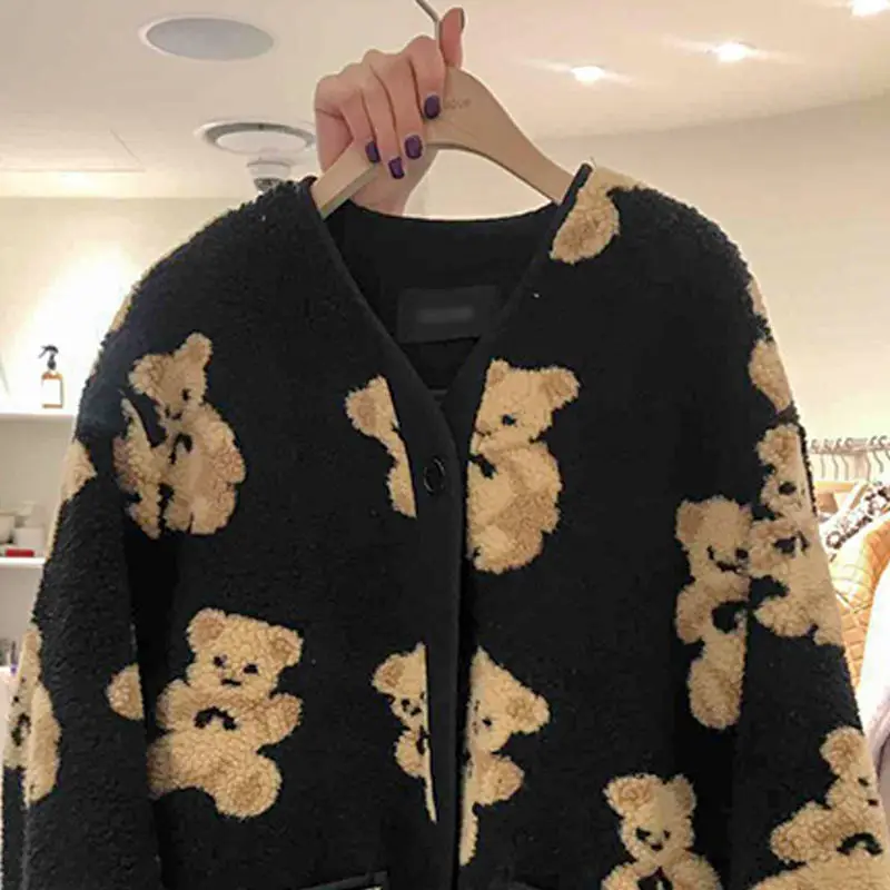 Korean Style Women Kawaii Print Oversized Teddy Bear Jacket Hip