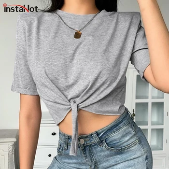 

InstaHot gray women's t shirt cotton short sleeve loose casual o neck summer crop top 2020 streetwear bandage hem tops basic tee