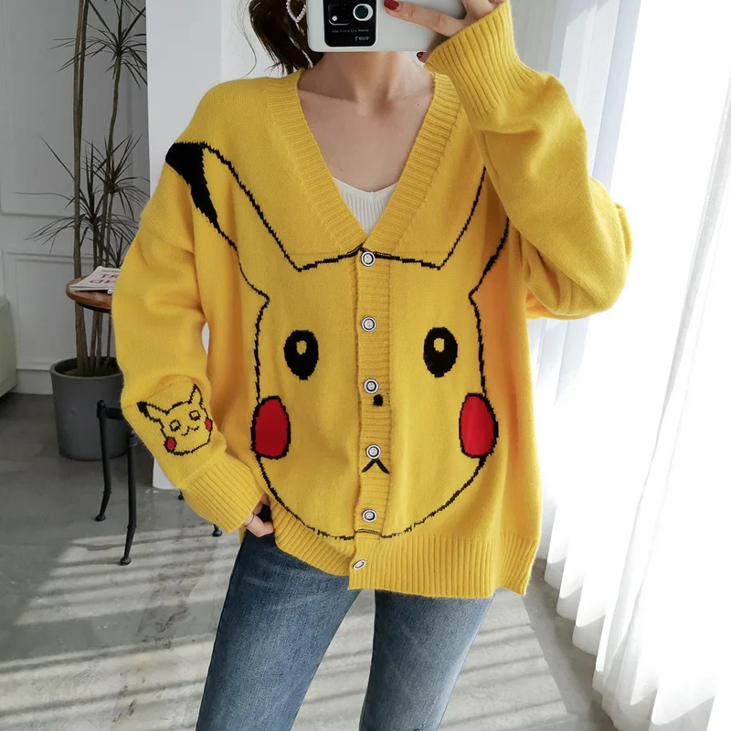 Yellow Свитер с рисунком Пикачу, женский кардиган, Осень-зима, Kawaii, однобортный, v-образный вырез, вязаный кардиган, топы, женские джемперы, trui dames - Цвет: Yellow