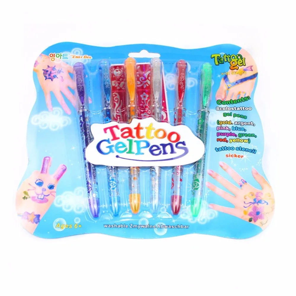 6 uds niños tatuaje DIY plumas Handdrawing tatuaje bolígrafos de Gel novedades trucos divertido Anti-estrés juguetes de los niños cumpleaños regalo del Festival