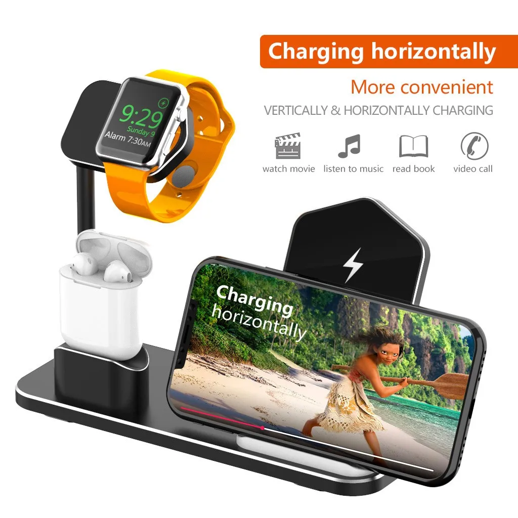 10 Вт Беспроводное зарядное устройство для Apple Airpods Pro iPhone iWatch Series 5 Быстрая зарядка подставка Док-станция из алюминиевого сплава 3 в 1 QI зарядное устройство База