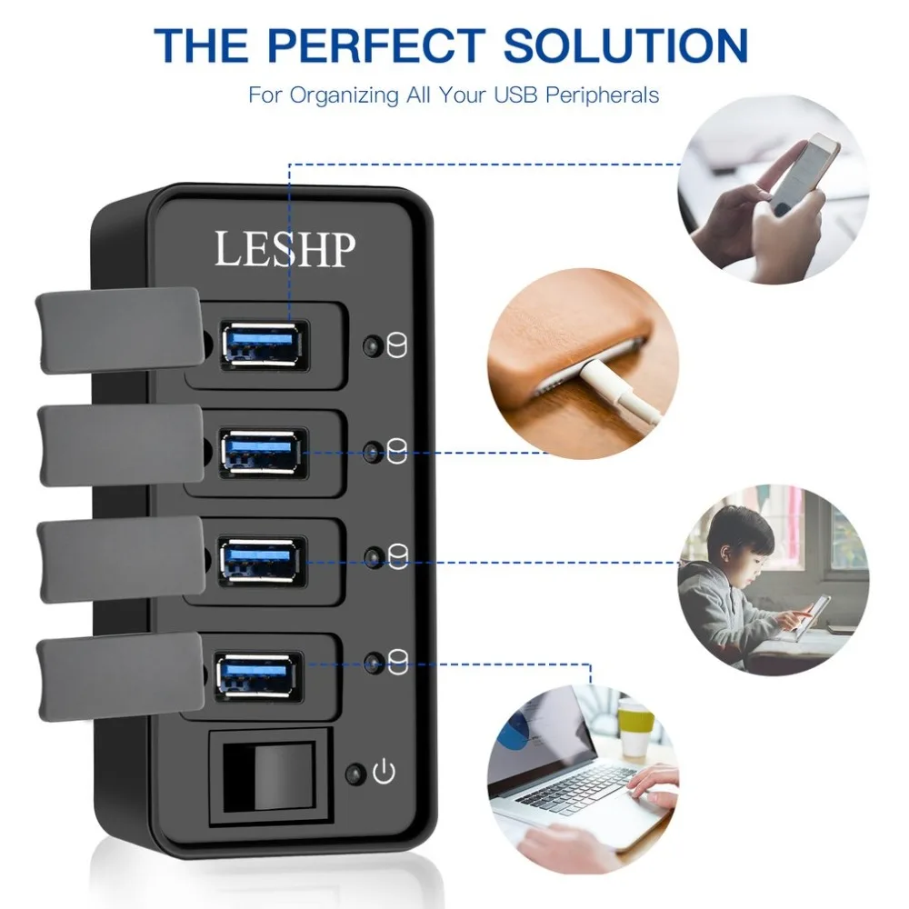 4 порта USB 3,0 концентратор Высокоскоростной 5 Гбит/с USB 3,0 концентратор данных разветвитель со светодиодами и переключателем внешний адаптер питания для ПК ноутбука