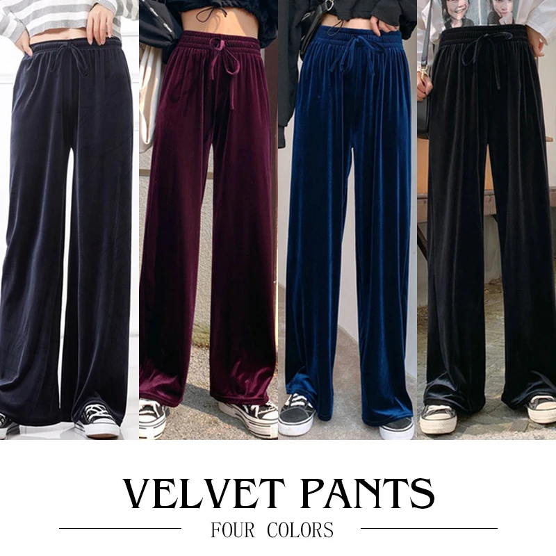 

Winter Velvet Trousers Korean Fashion Women Autunm High Waist Wide Leg Drawstring Elegant Pants Streewear Velour Pants
