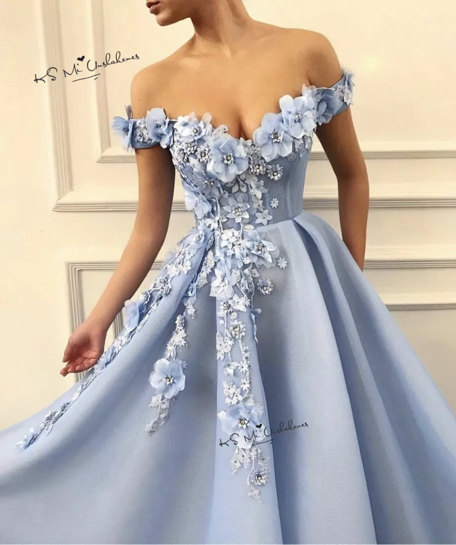 Скромное платье принцессы синего цвета платья для выпускного вечера с цветами с длинными с открытыми плечами торжественное Для женщин вечернее платье Vestido de Baile праздничного платья для женщин - Цвет: picture color