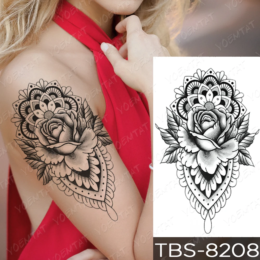 

Black Henna Temporary Tattoo Sticker Peony Rose Bouquet Fake Tatu Arm Shoulder Leg Women Girl Glitter Kids Tato Body Art 2021