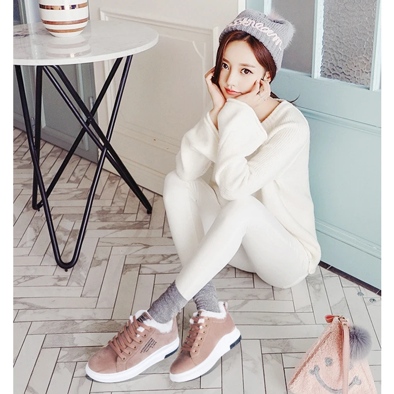 Women Plush Lining Ankle Boots Beige/Black/Brown Female Lace-Up Fur Shoes Winter Casual Ladies Shoes Woman Sneakers