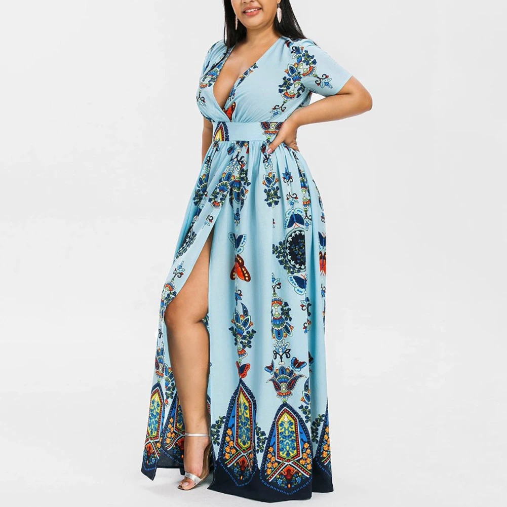 Платье большого размера модное женское длинное платье с принтом бабочки с v-образным вырезом с коротким рукавом повседневное с высокой талией Плиссированное боковое Сплит Vestidos Новое