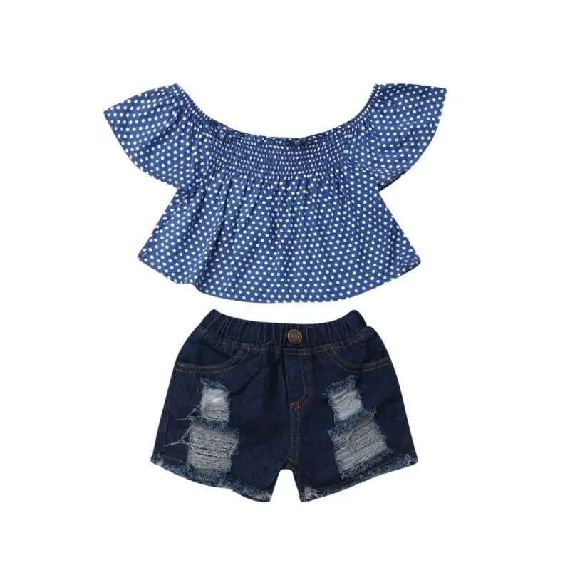 

New Toddler Kid Baby Girl Off Shoulder Top Ripped Short Pants Denim Outfits Summer Polka Dots Clothes