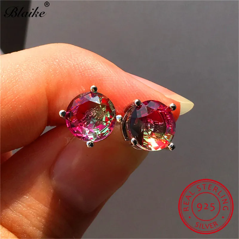 Pink Yellow Мистический огненный топаз, круглые серьги-гвоздики для женщин, 925 пробы, серебряные, радужные, синие, красные, зеленые, циркониевые Двойные серьги, свадебные серьги-гвоздики - Цвет камня: Pink Yellow