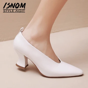 

ISNOM Pointed Toe Mules Shoes Women's Thick High Heel Shoes Casual Slip On Natural Leather Female Ladies Pumps 2020 New Fashion