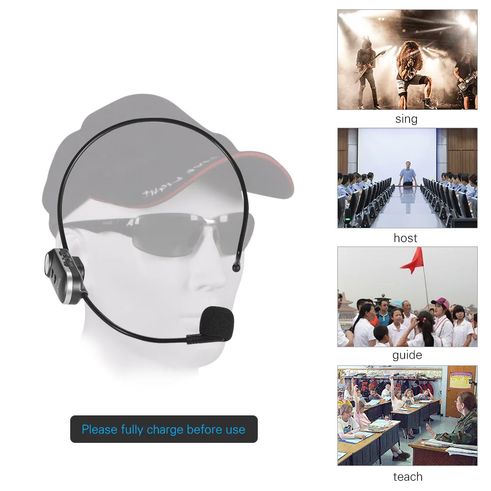 

Hands-free Wireless Microphone Megaphone Radio Mic Headset Condenser Microphones with FM Sending and BT Function for Tour Guide