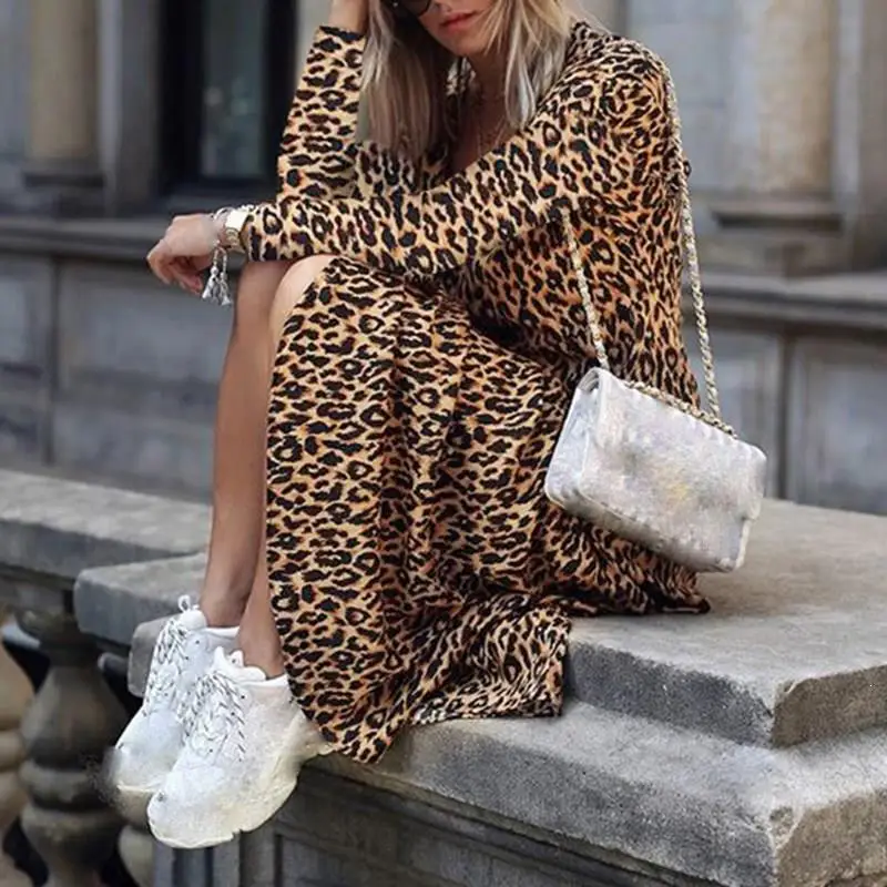 2019 Fall Women Animal Print Vintage Leopard Dress Long Sleeve V Neck ...