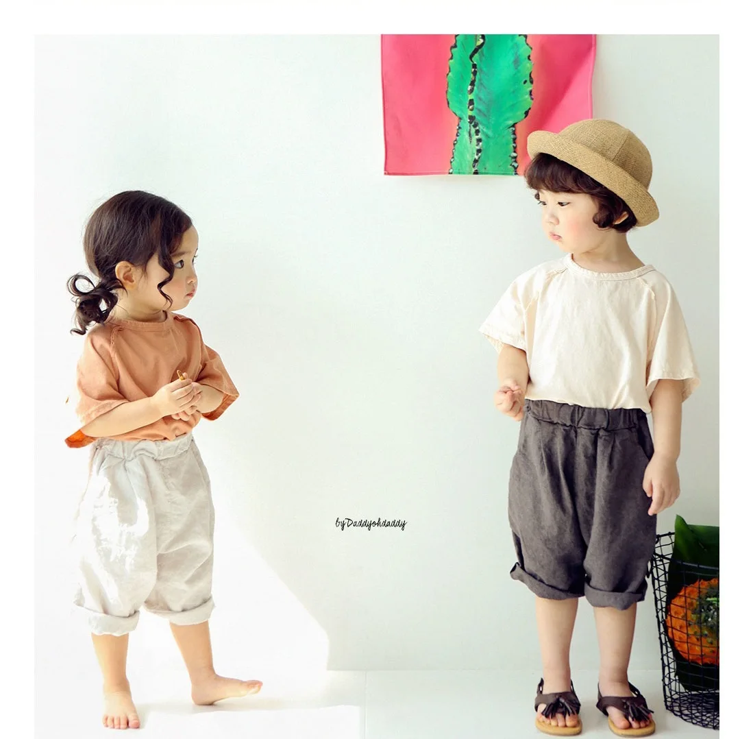 Korean Children's Pure Color Cotton and Linen Crawler Seven-Point Girl's Casual Pants 2020 Summer New | Детская одежда и