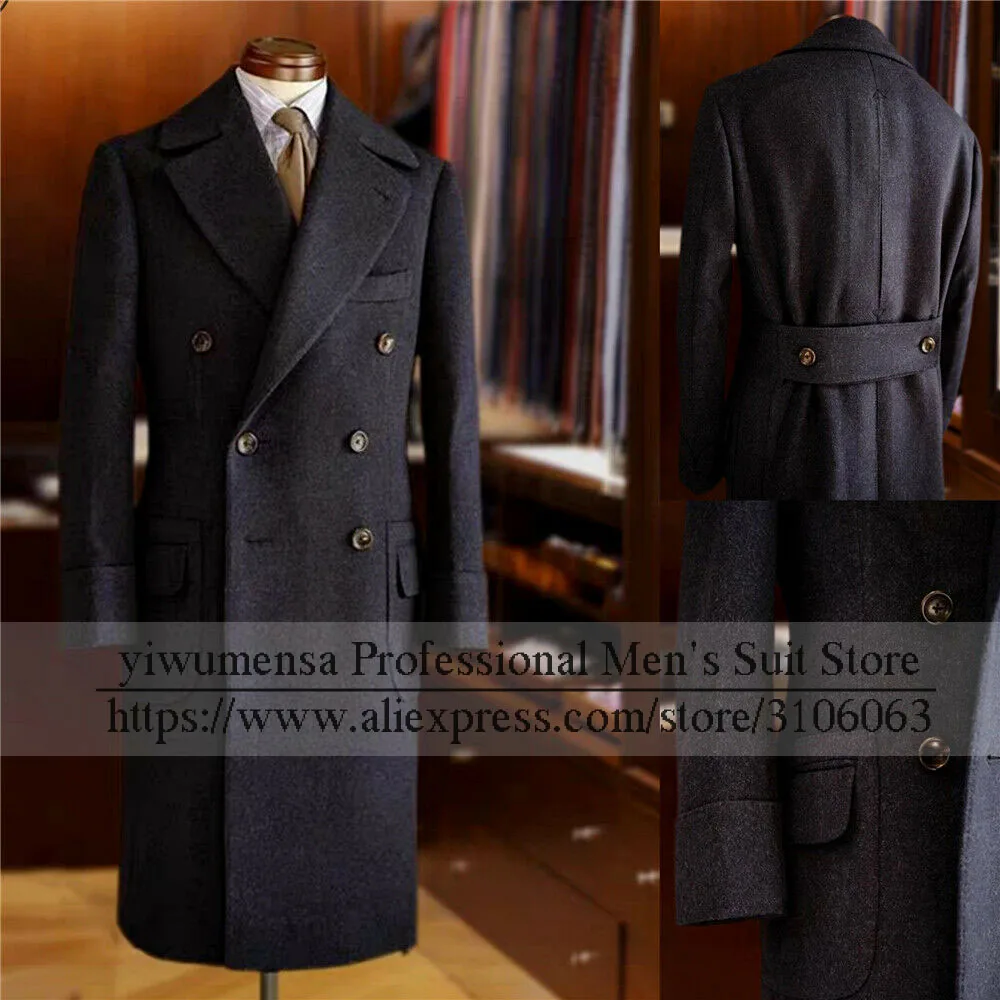 Classic Woolen Suit JacketsBlack/Navy Tweed Blend Trench Coat Long Design Last Double Breasted Overcoat Wedding Groom Tuxedo