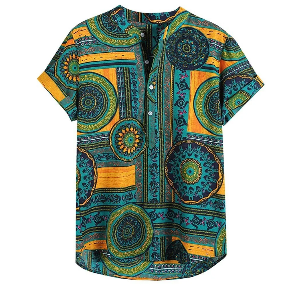 Hawaiian Shirts Linen Shirts Men Lump Chest Button Short Sleeve Round