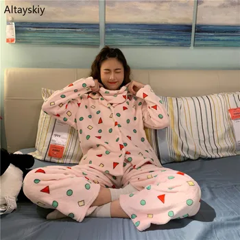

Pajamas Sets Women Homewear Chic Warm Korean Style Winter Female Flannel Turn-down Collar Womens Leisure Elegant Soft 2020 New