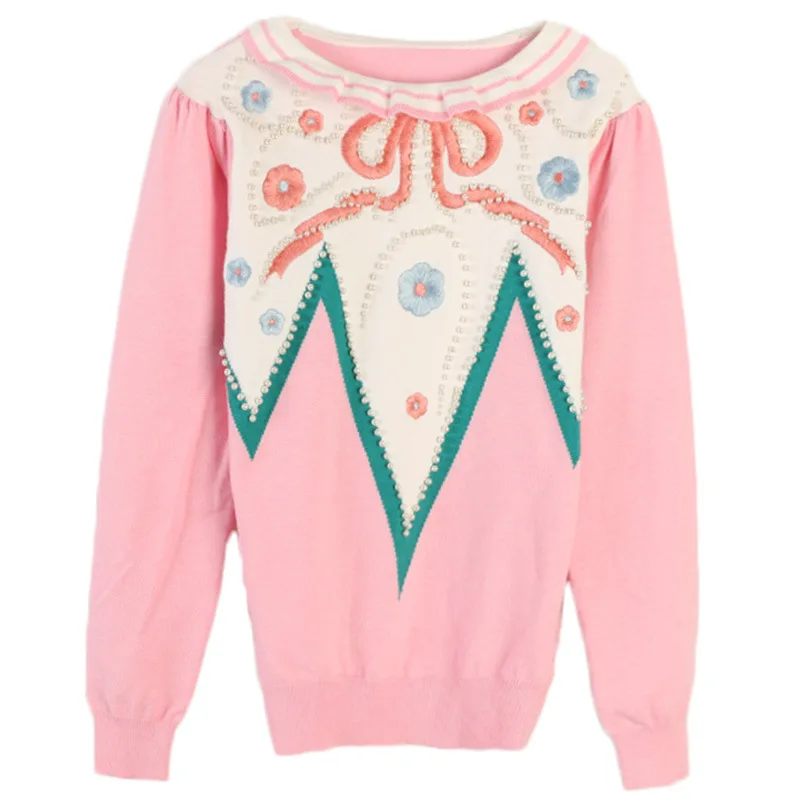

Tunjuefs Color Block Striped Ruffles Sweater Women Jumper Flower Embroidery Knitted Top Pearl Beading Long Sleeve Pullovers