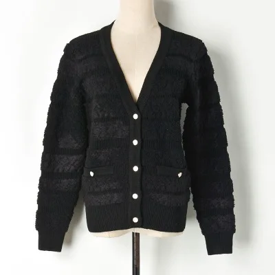 V Neck black Роскошный брендовый дизайнерский вязаный кардиган для женщин с v-образным вырезом в стиле пэчворк, полосатый толстый вязаный свитер - Цвет: V Neck black