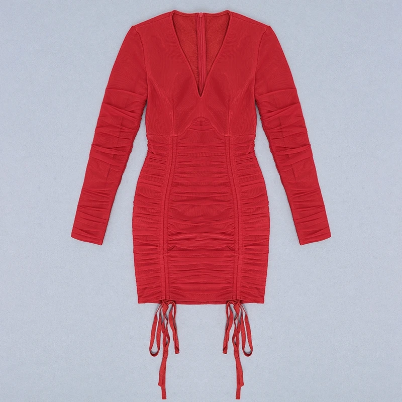 INDRESSME, новинка, модные женские вечерние платья, Клубные, драпированные, сексуальные, v-образный вырез, длинный рукав, на шнуровке, с рюшами, Бандажное, Мини, облегающее платье