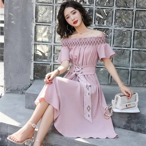 

Women Office Casual Mid-Calf A-Line Dress Female 2020 Summer Solid Color Flare Sleeve Slash Neck Elegant Party Dress