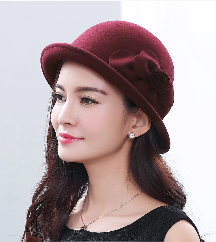 FS Elegant Formal Women Wool Felt Cap Warm Winter Fedora Hats Floral Cloche Bowler Caps Ladies Party Derby Wedding Church Hat