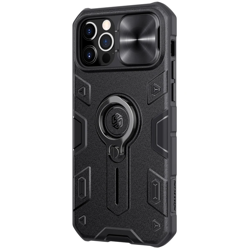 

For Iphone 12 Case Military Grade Case with Stand Kickstand Ring and Slide Camera Coverï¼ˆBlackï¼‰