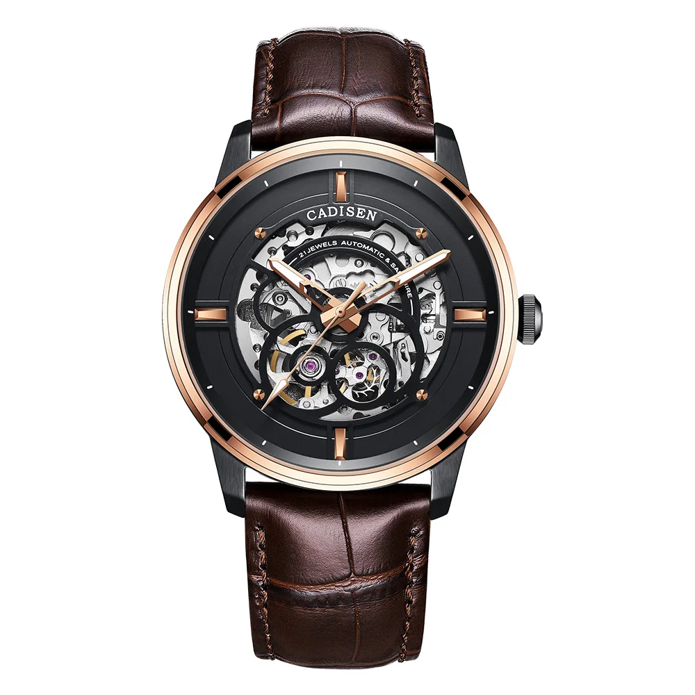 CADISEN для мужчин s часы Скелет Tourbillon механические кожаные Наручные часы для мужчин MIYOTA 8N24 автоматический Топ люксовый бренд Reloj Hombre - Цвет: Rose gold black