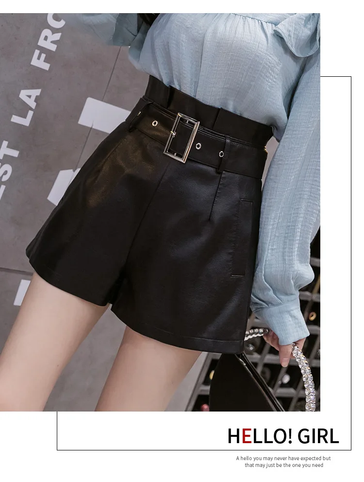 outfits for women 2022 New Autumn Winter Black PU Faux Leather Women's Shorts Sashes High Waist Wide Leg Shorts Elegant Female Trousers MT575 versace jeans couture