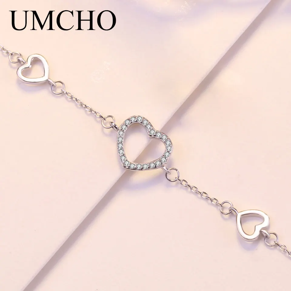 Silver UMCHO романтические циркониевые браслеты в форме сердца, настоящие 925 пробы, серебряные браслеты с подвесками для женщин, хорошее ювелирное изделие - Цвет камня: Silver