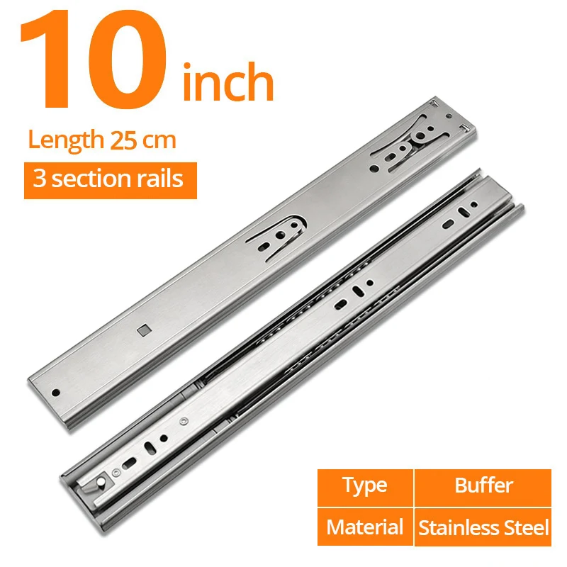 Buffer 10inch 25cm NAIERDI 1"-22" выдвижные направляющие для шкафа из нержавеющей стали с мягким закрытием, Трехсекционные направляющие для ящиков, направляющие для ящиков, буферные демпферные направляющие, оборудование - Цвет: Buffer 10inch 25cm