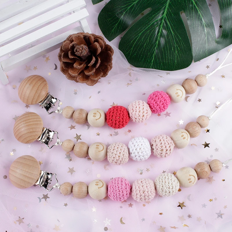 

Handmade BPA Free Beech Wood Pacifier Clips Safe Teething Chain Baby Teether Eco-friendly Dummy Clips Holder for Baby Gifts