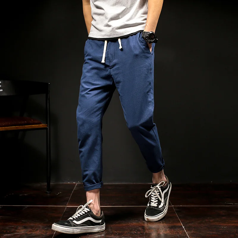 NavyBlue-Asian size Мужские, японские, до щиколотки, однотонные повседневные брюки из льна, мужская одежда 5xl, уличная,, весенние спортивные штаны, джоггеры, брюки, мужские CK57 - Цвет: NavyBlue-Asian size
