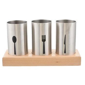 

Knife Spoon Fork Basket Storage Rack Set Bottles With Wood Stand Tray Stainless Steel Boxes Dinnerware Kitchen Accessories