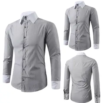

Men Spring Autumn Color Block Turn Down Collar Long Sleeve Shirt Slimed Fit Top Hot