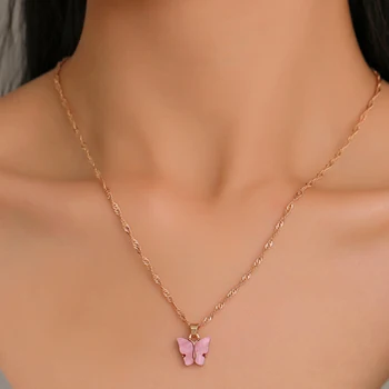 

SUMENG New Fashion Acrylic Color Butterfly Necklace Long Wild Clavicle Chain Pendant Necklaces For Women Jewelry