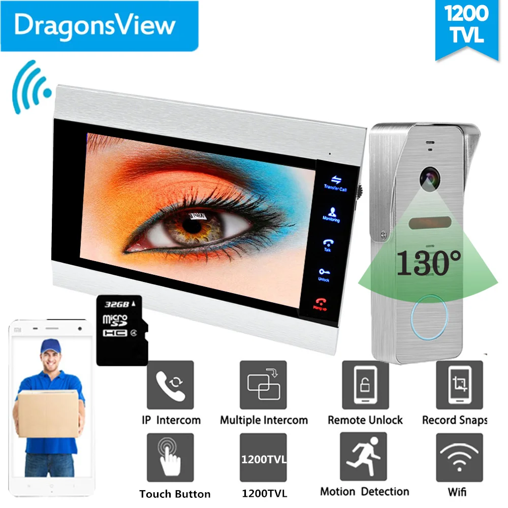 【Wide Angle】Dragonsview 7 Inch Video Door Phone Wireless Video Intercom Smart Wifi ISO Android 2.3mm Lens Waterproof Record