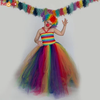 

Rainbow Circus Clown Girls Tutu Dress Kids Halloween Party Costume Ring Master Clothes Tulle Dress with Curly Wig and Red Nose